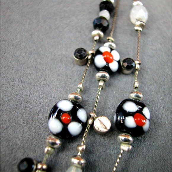 Black Multi-Strand Necklace With Faceted Beads Floral Accents & Silver-Tone Chai - Picture 2 of 4